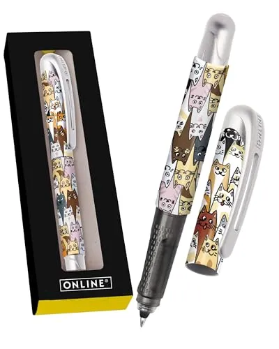 Online College „Katzen“ Tintenroller mit Patrone I Ergonomischer Rollerball für Rechts- & Linkshänder mit süßem Katzen-Design I Tintenroller Kinder 0.5 mm I inkl. Kombipatrone blau I Made in Germany