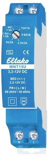 Eltako Weitbereichs-Schaltnetzteil WNT15U/3,3-12VDC - Funk-Heizkreisverteiler mit 5 einstellbaren Ausgangsspannungen und nur 0,1 Watt Stand-by-Verlust. Ideal für effiziente Energieversorgung in modernen Installationen.