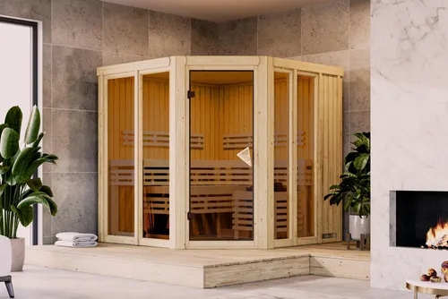 Karibu Airi Eckeinstieg Sauna mit 9 kW Ofen, 196x170 cm