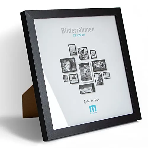 Zeitlos, moderner Bilderrahmen aus MDF, schwarz für 20x20 cm kleine Fotos und Bilder. Inkl. Acrylglasschutz. Er eignet sich als Tisch-Aufsteller und für die Wand, im Hochformat oder Querformat.