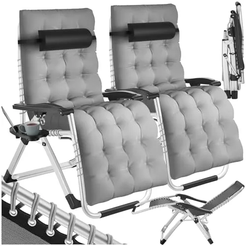 tectake® Klappbare Sonnenliege - 2er Set, hellgrau - Gartenliegen mit stufenlos verstellbarer Rückenlehne für optimale Entspannung, belastbar bis 200kg. Ideal für Balkon, Garten oder Camping mit praktischen Ablagetisch.