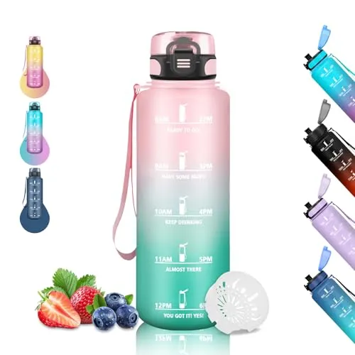 Trinkflasche 1 5 liter, Trinkflasche Sport, Trinkflasch mit Zeitmarkierung, Kann mit Dir Tragen, Trinkflasch Auslaufsicher, Motivational Wasserflasche, Flasche für Yoga, Camping, Wandern, Rosa-Grün