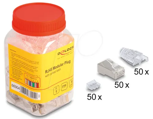 DELOCK 66904 RJ45 Modularer Stecker Cat.6 - 50 Stück - RJ45 Stecker Set für Cat.6 Kabel, mit gebogener Rastnase für bessere Handhabung und Schutz vor Beschädigungen. Inklusive Knickschutztüllen und Einfädelhilfe für einfache Montage.