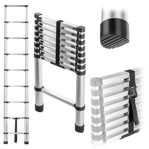 KADAX Aluminium Teleskopleiter, 9 Stufen, ausziehbar bis 2,6 m, Tragfähigkeit 125 kg, klappbar mit Antirutsch-Füßen