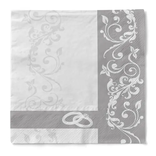 Sovie HORECA Serviette HOCHZEIT in SILBER aus 3-lagigem Tissue, 33 x 33 cm, 100 Stück – festliche Papierservietten mit Ornamentranken & Eheringe-Motiv