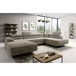 Easy4You Beige Ecksofa Varberg Kord in U-Form 345 x 72 x 205 cm mit Schlaffunktion und Bettzeugbehälter