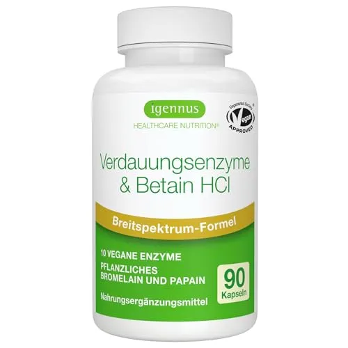 Verdauungsenzyme Komplex mit Betain HCl & Bromelain, 10 vegane Enzyme für optimale Verdauung - Verdauungsenzyme zur Unterstützung der Nährstoffaufnahme und Darmgesundheit, vegan und hypoallergen, fördert die Spaltung von Kohlenhydraten, Eiweißen und Fetten.