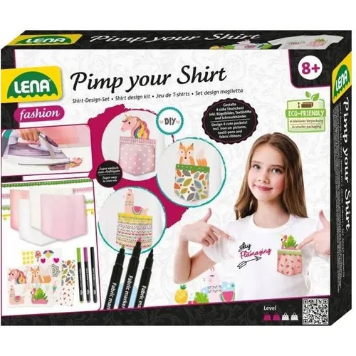 Lena® Kreativset Pimp your Shirt - Shirt-Design für Kinder - Gestalte dein eigenes Shirt mit dem LENA® Set! Enthält alles für kreative Designs: Textilstifte, Aufbügel-Taschen und viele Motive. Ideal für Kinder ab 8 Jahren, inklusive bunter Aufbewahrungsbox.