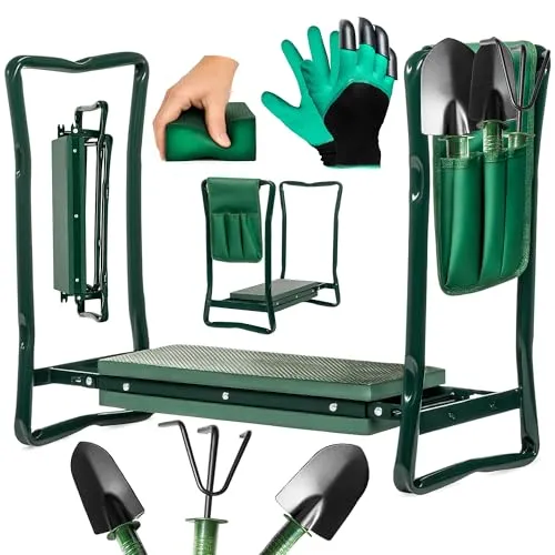 Valle Verde 5in1 Gartenset Kniebank/Sitzbank + Krallenhandschuhe + Harke + Pfanzkelle + Schaufel - Knieschoner mit Schaumkissen, Werkzeugtasche, Klappbar - 59 x 27,5 x 49 cm