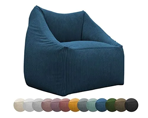 chilly pilley® Sitzsack Sessel in 2 Größen – Bequemer Bean Bag mit Bezug aus Cord, Leinenoptik oder wasserabweisendem Stoff – Moderner Loungesessel für Wohnzimmer, Kinderzimmer (Dunkelblau)