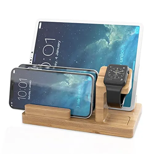 Cadorabo Docking Station - Ladestation aus Echtholz Bambus - Power Station Plattform mit integrierter USB Multischnittstelle für alle Smartphones und Smartwatches