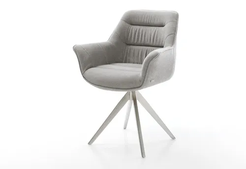DELIFE Drehstuhl Kaira-Flex – Eleganter Esszimmerstuhl mit drehbarem Edelstahlgestell - Der Kaira-Flex Drehstuhl vereint modernes Design mit Funktionalität. Der strukturierte Stoff in Grau und die Edelstahl-Kreuzbasis bieten Stabilität und Stil. Ideal für stilvolle Esszimmer.