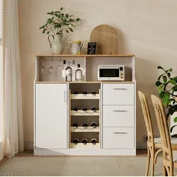 Anrichte Mdf Weiß/naturholz 120 X 40 X 121 Cm Mit Weinregal, Gläserhalter, Steckdose, Led, Schubladen Und Fächern