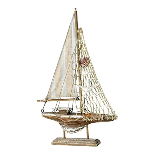 MACOSA CP53341 Deko-Segelboot Holz zum aufstellen braun maritim Badezimmer-Dekoration Dekofigur mit Muscheln Baddeko Boot Segel Nautisch Bad Deko