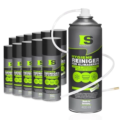 Spraytive 12 x 400ml Hygiene Reiniger für Klimageräte - Klimaanlagenreiniger für Auto & Haus, Geruchsentferner Spray, langanhaltend, erfrischend, Haus-Klimaanlage reinigen, mit Schlauch & Messingdüse