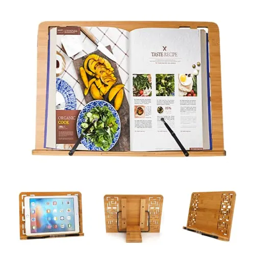 Verstellbare Bambus Kochbuch Halterung mit Seitenhalter. Buchhalter Leseständer Kleine Lese, Musik, Kochbücher, iPads und Tablets.