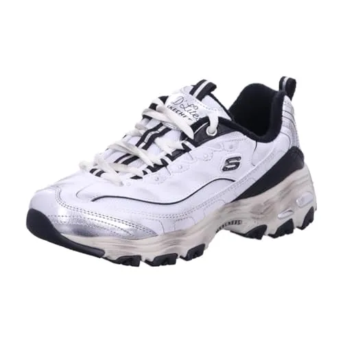 Skechers Damen D'Lites Vintage Vision Sneaker - Stilvoll in Weiß, Schwarz und Silber, Größe 40 EU - Damen-Sneaker mit hochwertigem Leder-Obermaterial und flacher Sohle für optimalen Tragekomfort und modischen Look.