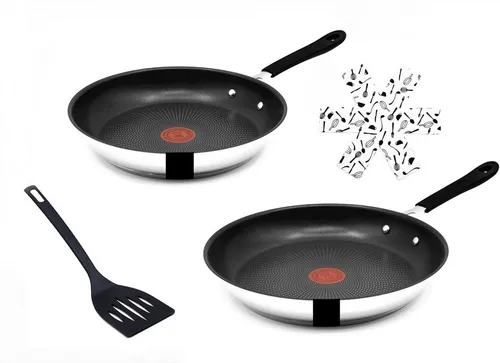 Tefal Pfannen-Set Jamie Oliver E76 Pfannenset 24+28cm, Pfanne alle Herdarten + Induktion, Edelstahl 18/10 (Pfanne, Bratpfannen Set, Pfannenset, Wok, Wokpfanne, Schmorpfanne, Pfannen + 1 Wender & Filzschoner, Bratpfannen Set, Antihaftbeschichtet), ohne Fett / Öl braten