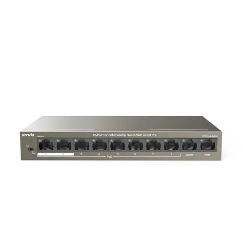 Tenda 10 Ports Fast Ethernet PoE Switch - 8 PoE+ Ports, 2 Uplink-Ports, 58W Leistung, bis zu 250m Reichweite und ideal für einfache Installation ohne Konfiguration