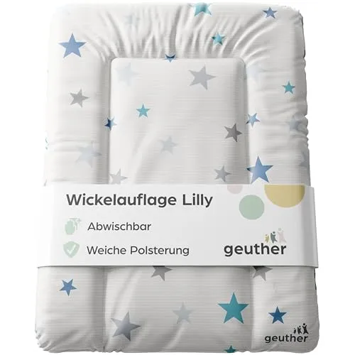 Geuther Wickelauflage abwaschbar 52x72 cm | Wickelunterlage Lilly mit erhöhtem Rand - Die abwaschbare Wickelauflage bietet optimalen Liegekomfort durch erhöhten Rand und Kopfschutz. Leicht zu reinigen und in 15 Designs erhältlich, perfekt für jede Einrichtung. Geprüfte Sicherheit für eine sorgenfreie Nutzung.
