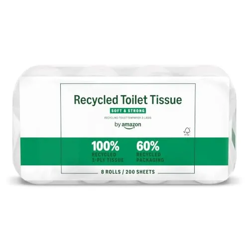 by Amazon Recyceltes Toilettenpapier, 100% recycelte Fasern, 3-lagig, 200 Blatt, 8 Rollen (1 Pack à 8 Rollen), FSC-zertifiziert