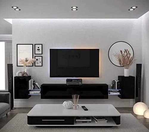 Furnitech Wohnwand Wohnzimmer | Wohnzimmer Möbel mit LED Weiß | Hängend Wohnwand Modern | Wohnzimmer Schrankwand mit Regale und TV Schrank (AN103-21B-HG1-1B)