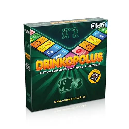 Drinkopolus – Partyspiel für Erwachsene ab 18, Trinkspiel für 2–8 Spieler, inkl. Bonusspiel „Theke“, Brettspiel für Geburtstag, Silvester, Party, Freundeabend