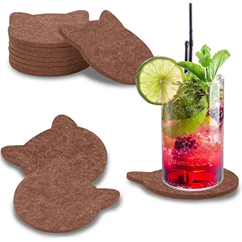 wortek Filz Untersetzer Gläser Braun in Katzenform – 8er Set Glasuntersetzer für Getränke, Tassen, Bar, Glas - Ø 10cm Tischuntersetzer waschbare Filzuntersetzer Gläser Glas Untersetzer-Set