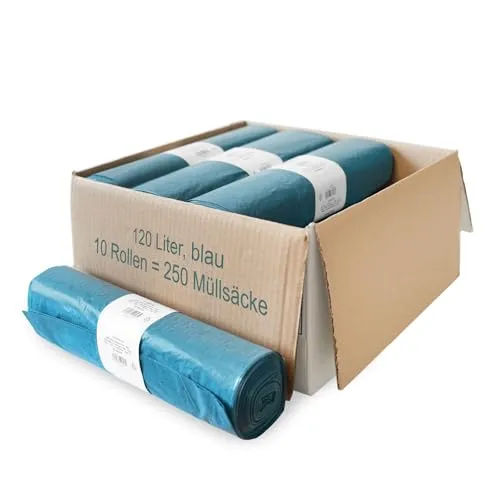 Müllsäcke, 250 St. extra starke blaue Müllbeutel, 120 l Fassungsvermögen, 700 x 1.100 mm, Typ 70 mit 42 my, besonders reißfest, ideal für Garten, Umzüge, Entrümpelungen & Haushalt, 10er Pack