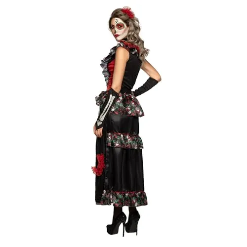 Erwachsenenkostüm La Muerte (36/38) - Halloween Highlight - Kostüm für Halloween oder Karneval, bestehend aus einem eleganten schwarzen Kleid mit Totenkopf-Design, inklusive Gürtel und Maske. Hochwertiges Material für besten Tragekomfort!