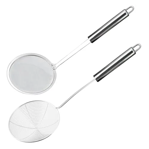 Spinnennetz-Schöpflöffel aus Edelstahl, Kochabschäumer, Hochwertige Schaumlöffel & Schaumkelle, Edelstahl Mehlsieb & Schöpfkelle 2 Set Küchenhelfer Perfekt für Nudeltopf, Frittiertopf