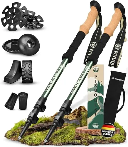 PINUQUEST Trekking-Stöcke mit 4 Aufsätzen - Wanderstöcke aus leichtem Aluminium, verstellbar von 63 bis 135 cm, ideal für jedes Gelände mit vier verschiedenen Aufsätzen – perfekt für Wanderungen, Trekking und Nordic Walking.