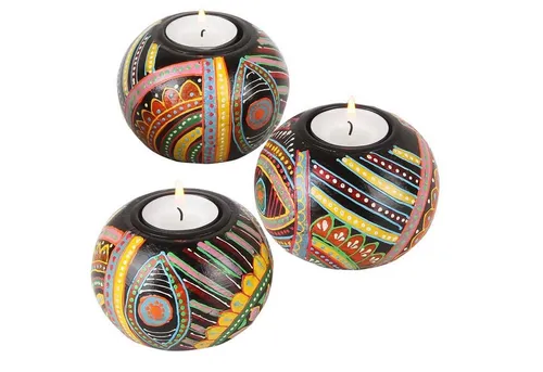 Casa Moro Teelichthalter Orientalische Teelichthalter Aicha aus Holz handbemalt (einzigartige Wohn Tisch Deko, 3er Set schwarz bunt afrikanisch handbemalt), Ramadan Dekoration