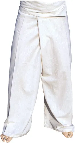 Thai Fischerhose aus fester Baumwolle - Unisex Wickelhose in Uni Weiß - Hosen im Ethno Style, aus 100% Baumwolle, bequem geschnitten und fair gehandelt aus Nepal. Ideal für Yoga und Freizeit, ganzjährig tragbar.