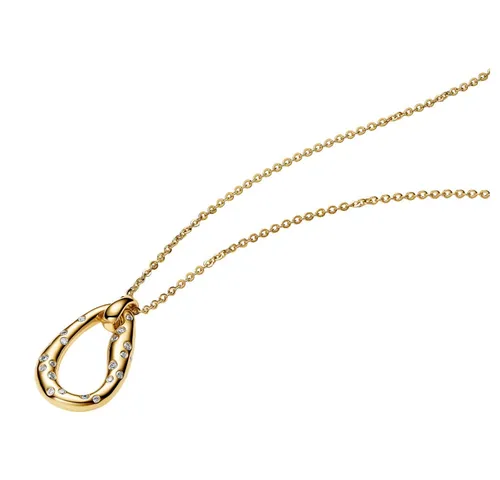 PANDORA Essence Steinbesetzte Anhänger-Halskette 14k vergoldet, 45cm - Elegante Halskette mit ovalem Freiform-Anhänger und funkelnden Zirkonia. Ideal für besondere Anlässe und den täglichen Glamour. Ein zeitloses Schmuckstück für jeden Look.