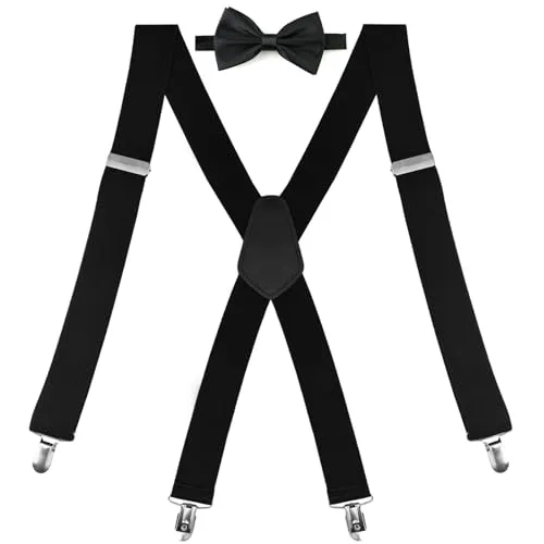 Diompirux Hosenträger für Herren Breit mit farblich passender Schwarz Fliege, Herren Hosenträger X-förmige, 3,5 cm breite Länge 110cm mit sehr starken 4 Metallclips, Elastic Verstellbare Durable