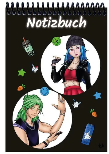 A 5 Notizblock Manga Quinn und Enora, schwarz, kariert Spiralbindung, Notizbl...