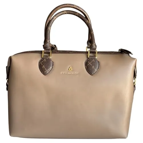 PashBAG Atelier Du Sac Handtasche und Schultertasche aus Kunstleder, Farbe taupe und dunkelbraun. Verschluss mit doppeltem Reißverschluss, Schultergurt im Lieferumfang enthalten. Maße 30 x 20 cm.