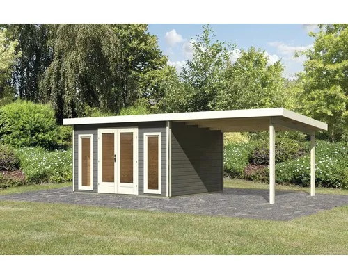 Karibu Gartenhaus Radeburg 2 mit Anbaudach terragrau 664x309x229,5 cm - Das Karibu Gartenhaus Radeburg 2 bietet mit stabilen 38 mm Wandstärke und Wasser abweisender Profilierung optimalen Schutz für Ihre Gartengeräte. Hochwertige Ganzglastür und Fenster sorgen für Licht und Sicherheit.