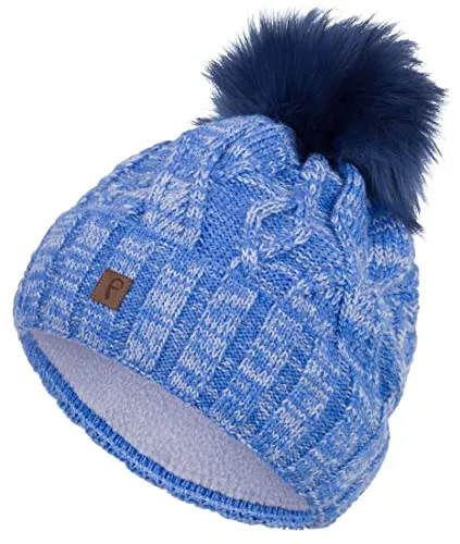 Faera Wintermütze Müttze Damen warm gefüttert mit Bommel Mädchen Bommelmütze Fleecefutter Winter Strickmütze Beanie Herren 33, Farbe:Hellblau