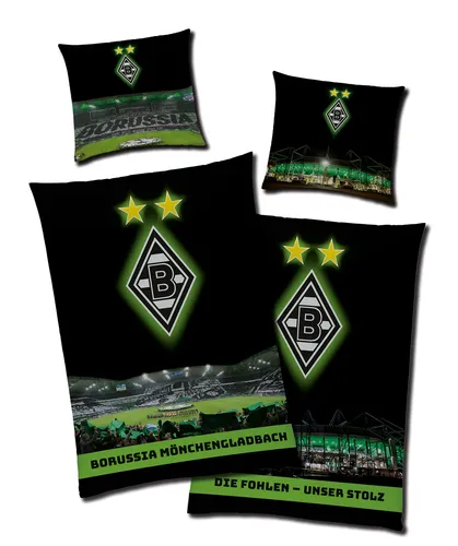 Borussia Mönchengladbach Bettwäsche Borussia-Park 135x200 80x80 - Bettwäsche für Fußballfans, wendbar und aus 100% Baumwolle, ÖKO-TEX zertifiziert – ideal für Kinder- und Jugendzimmer.