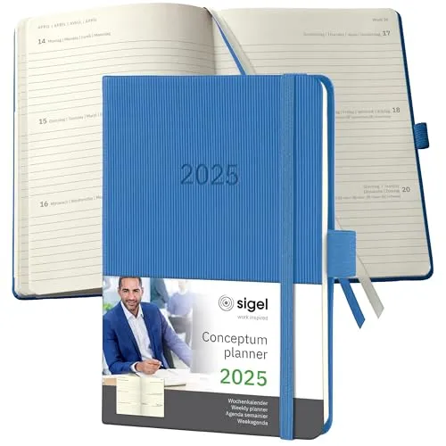 SIGEL C2569 Wochenplaner Wochenkalender 2025, ca. A6, blau, Hardcover, 176 Seiten, Gummiband, Stiftschlaufe, Archivtasche, aus nachhaltigem Papier, Conceptum