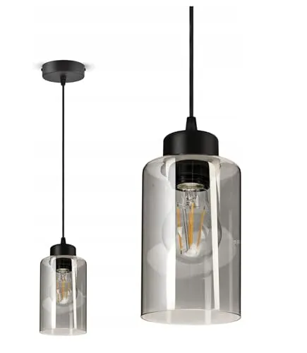 FKL DESIGN Home Deco Hängelampe Hängeleuchte Schwarz 1-flammig E27 Glas Lampenshirm Lampe aus Serie N535 (DRH1)