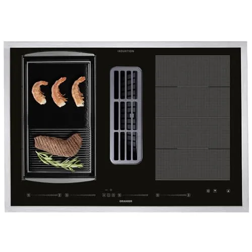 Oranier Induktionskochfeld 80 cm KFA690 - Flächen-Kochfeld mit Abluft-Umluft Abzug Multi-Slider - Grillplatte halbgeriffelt & Edelstahl Kochfeldrahmen
