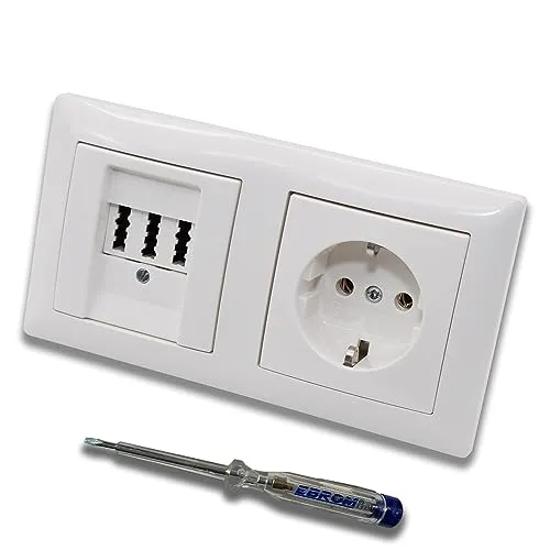 Busch Jäger Set: Unterputz Telefondose von EBROM, TAE 3x6 NFN für 1 Telefon und 2 Zusatzgeräte in BalanceSi alpinweiß, Rahmen und Steckdose 20EUC-914 + EBROM Phasenprüfer zur Montage der Geräte