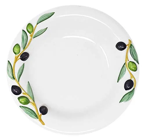 Lashuma Handgemachter Suppenteller aus Italienischer Keramik, Tiefer Teller Reliefdekor Oliven, Runder Essteller Größe 23 cm