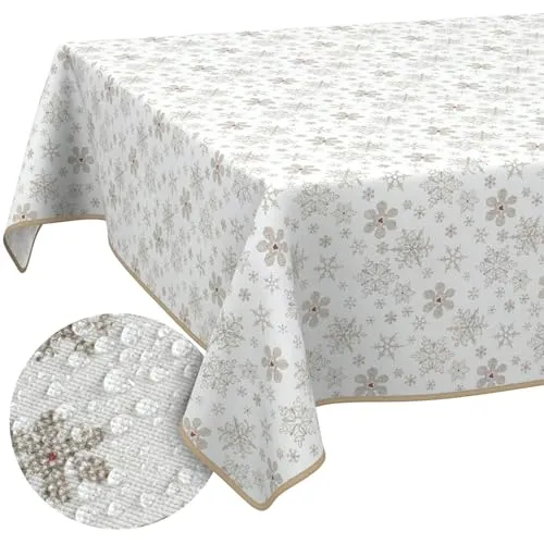 Weihnachtstischdecke Stofftischdecke Tischdecke Weihnachten abwaschbar pflegeleicht Weihnachten Schneeflocken 100x140cm mit Saum (Eingefasst)