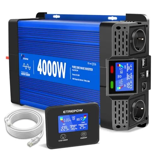 ETREPOW 4000W/8000W 24V Auf 230V Reiner Sinus Wechselrichter mit Fernbedienung, 2 EU Steckdosen, 2 USB+Tycp-C Anschlüssen, geeignet für Haushaltsgeräte, Wohnmobile, Camping Spannungswandler