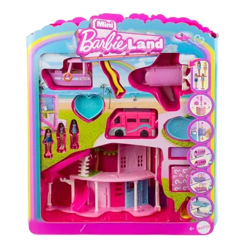 Barbie Mini BarbieLand Traumvilla und 3 Fahrzeuge, Spielset mit 4 ca. 3,8 cm großen Puppen, Puppenhausmöbeln und -zubehörteilen, enthält DreamCamper, Boot und Flugzeug, JDB86