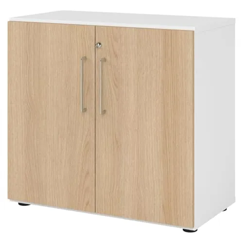 bümö Aktenschrank abschließbar - 80cm in Weiß/Eiche - Büro-Aktenschrank mit hochwertigem Schloss und patentiertem Threespine-Klicksystem für schnellen Aufbau. Robuster Korpus und höhenverstellbare Standfüße sorgen für Stabilität.